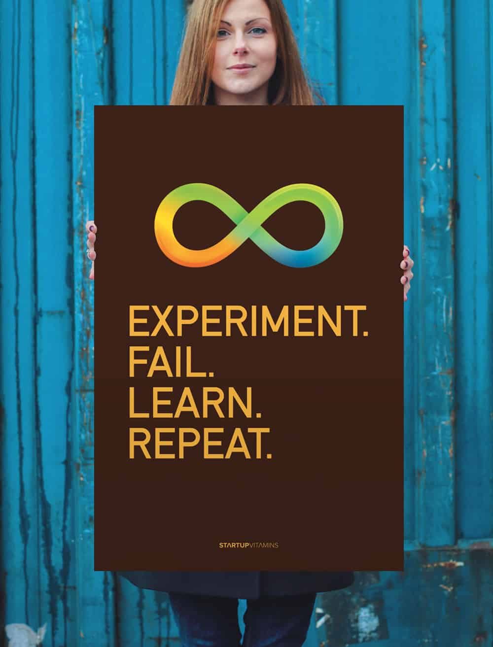 experiment, fail, learn, repeat, motivation poster, boost productivity