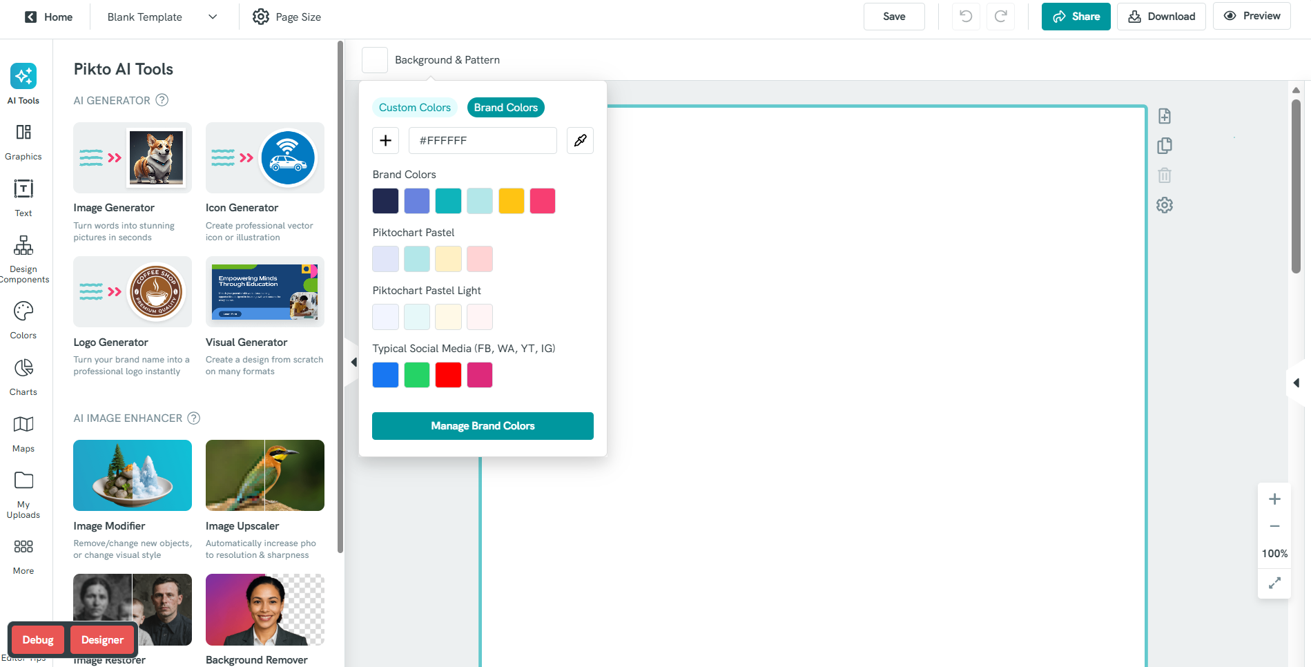 a design software workspace featuring a left sidebar with ai tools and design components, a central canvas area, and an open color selection menu overlaying the canvas that allows users to choose between custom colors and brand colors, with various preset color palettes listed below
