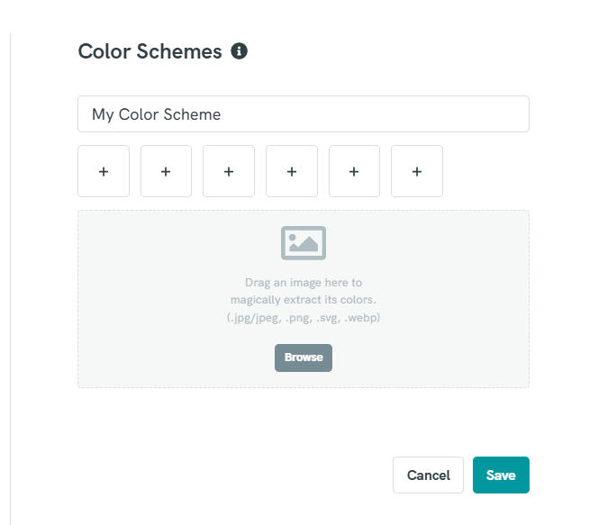 a modal window titled color schemes with an input field for naming a scheme, six empty square slots with plus signs for adding colors, a dashed box area for dragging and dropping an image to extract colors, and cancel and save buttons at the bottom right