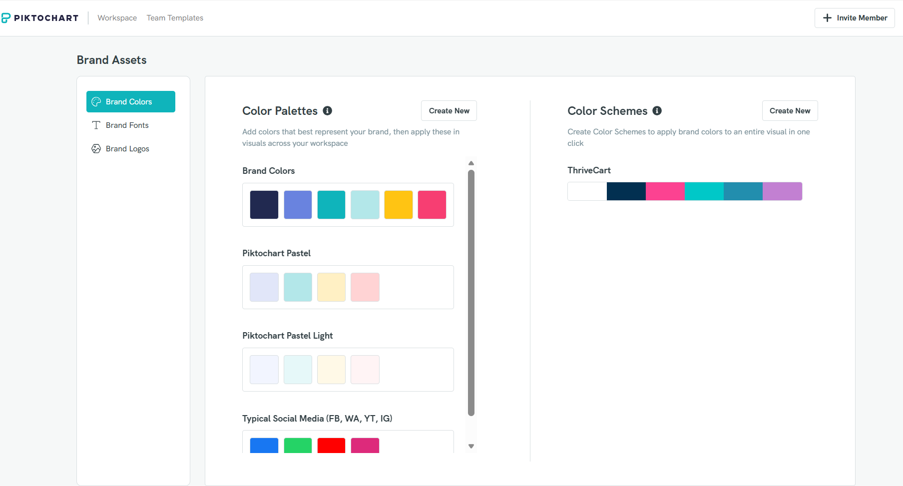 a web interface showing a brand assets page with a sidebar menu for brand colors, brand fonts, and brand logos, and a main content area displaying various color palettes including brand colors, piktochart pastel, piktochart pastel light, and typical social media, along with a color schemes section featuring a thrivecart palette