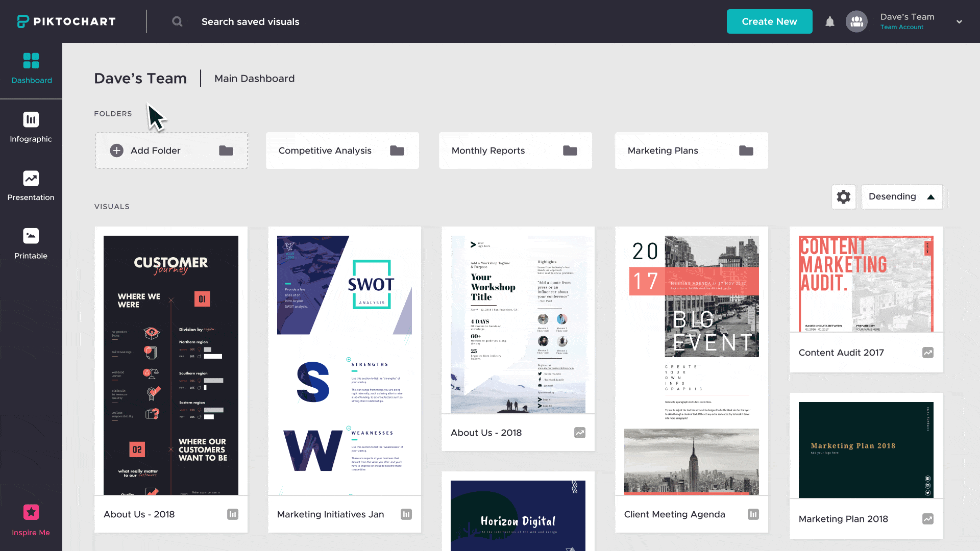 piktochart teams dashboard