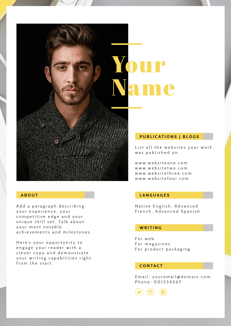 writer cv templates, yellow resume 