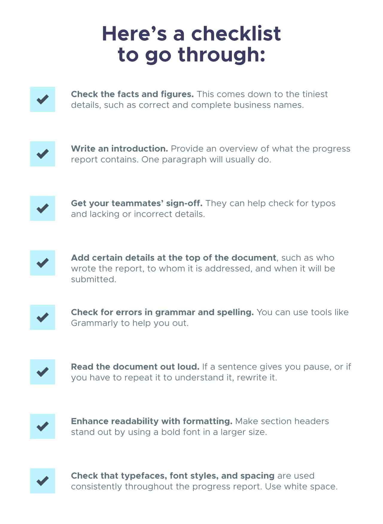 checklist for reports, tips for creating reports, report checklist