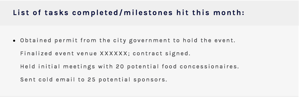 milestones reached in a progress report