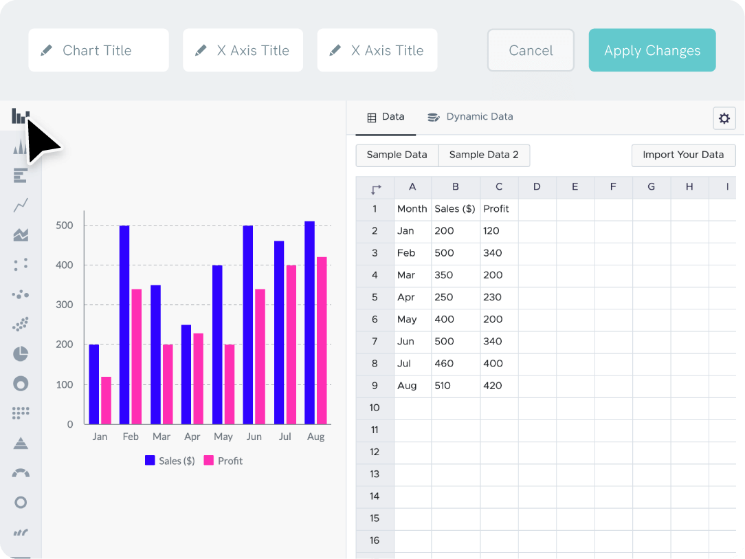 entrada de dados em gráfico de barras, valores de dados