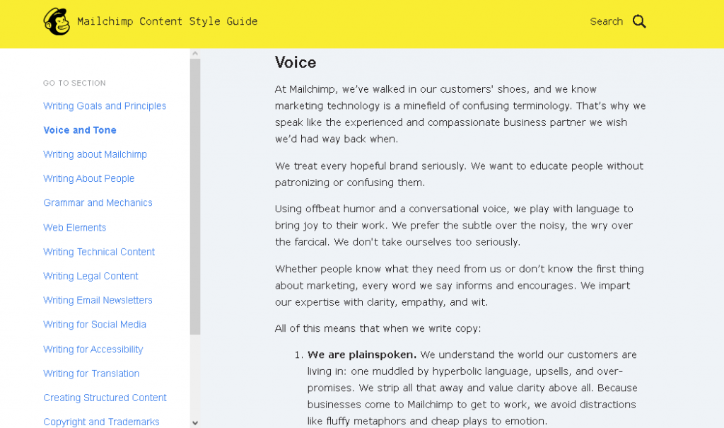 website detailing mailchimp's content style guide following brand guidelines 