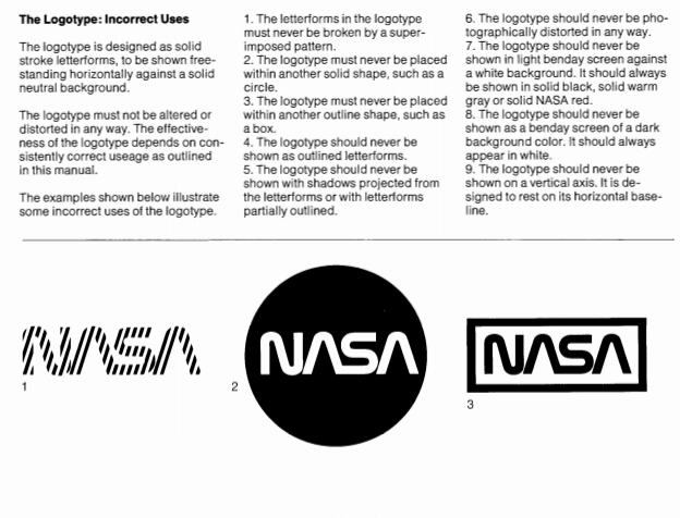 examples of brand style showing incorrect uses of NASA logo