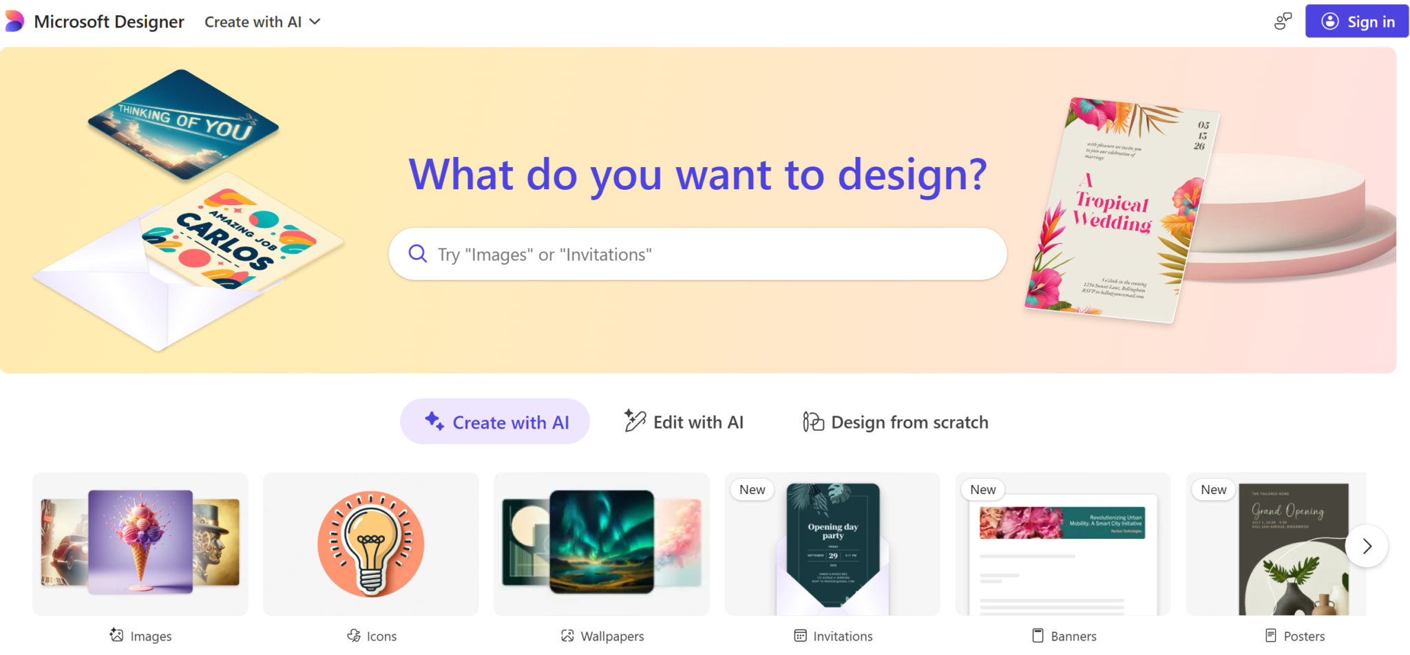 microsoft designer homepage screenshot for a piktochart article about canva alternatives