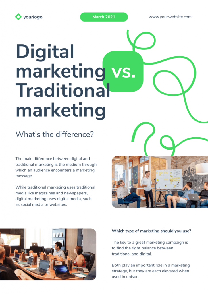 Plantilla de infografía que compara el marketing digital con el tradicional