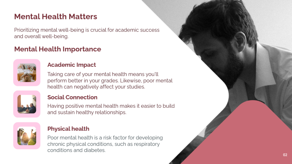 screenshot of a presentation slide on the importance of mental health in university, font text changed to raleway from mada, red and white background