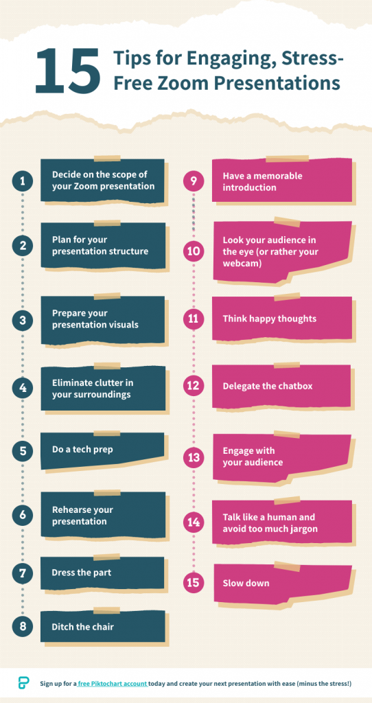 a downloadable infographic showing 15 tips to engaging, stress-free Zoom presentations