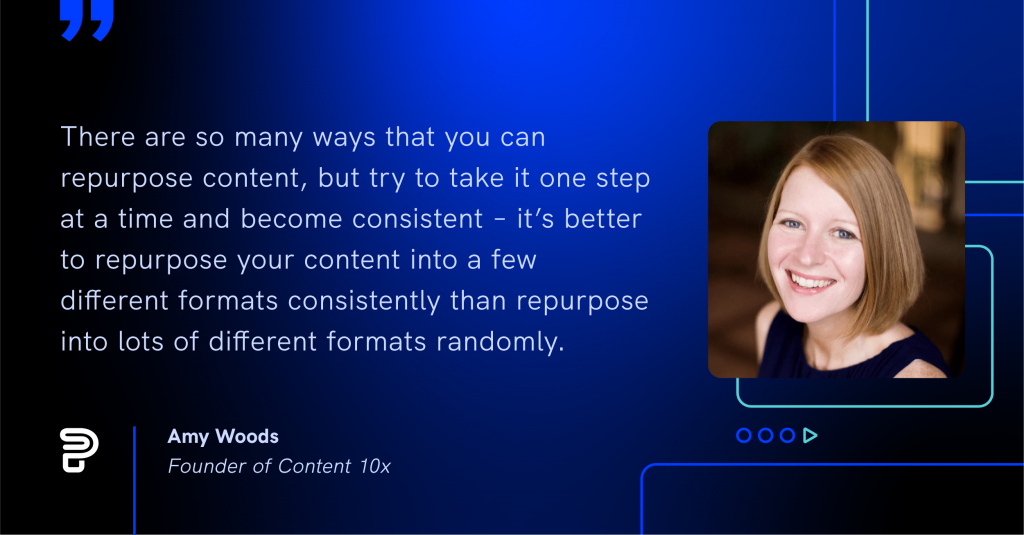 a photo of amy woods' content repurposing pro tip about consistency in your content repurposing plan