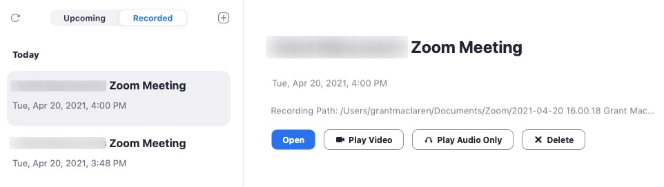 Zoom desktop client shows all the recorded zoom meetings