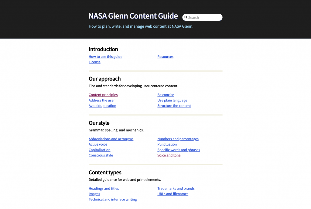 screenshot of NASA content guide in GitHub