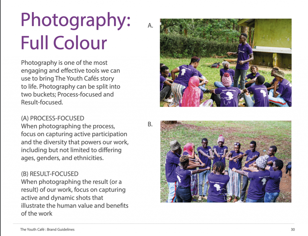 screenshot of The Youth Cafe brand style guide on how to use their brand photos