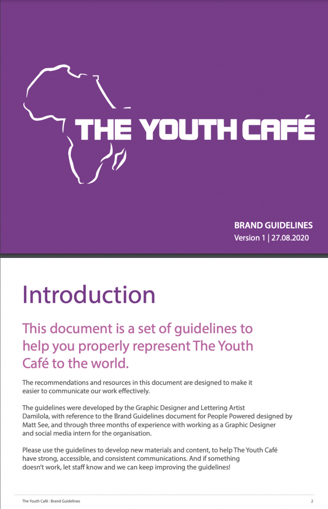 screenshot of the first page of The Youth Cafe brand style guide