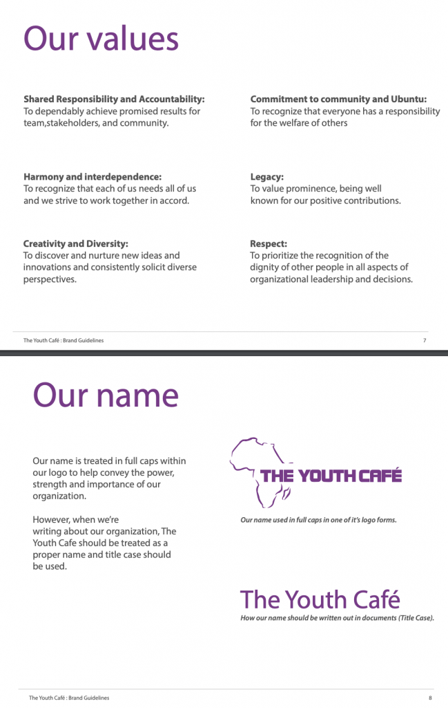 screenshot of The Youth Cafe brand values and brand name usage