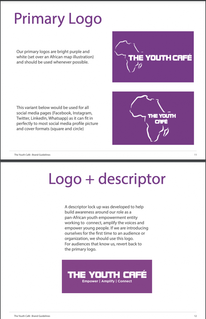 screenshot of The Youth Cafe brand style guide on how to use their logo