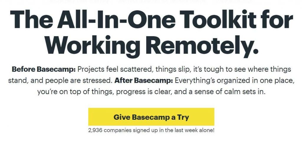 example of basecamp's business storytelling in their landing page to evoke emotional connection