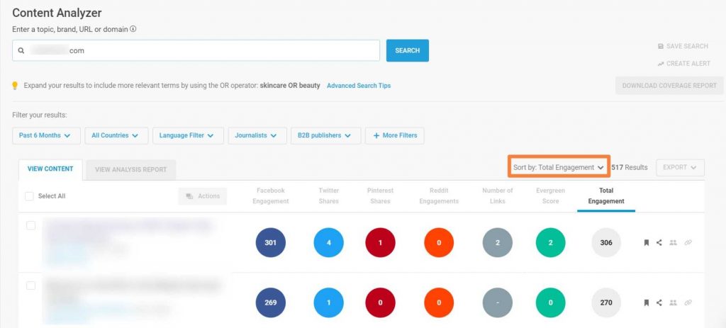 Buzzsumo’s content analyzer finds the most shared pages