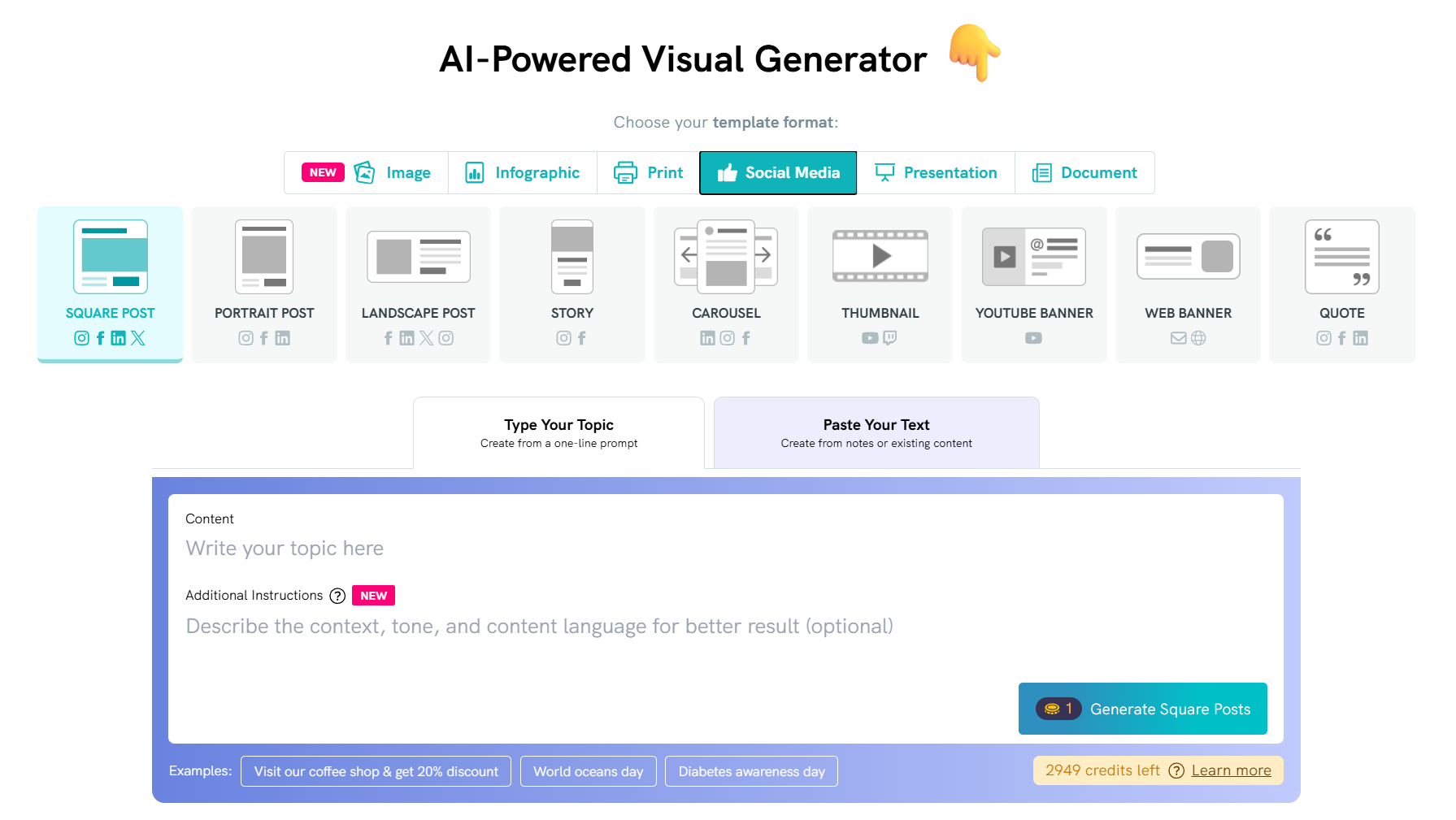 screenshot of pikto ai dashboard, image of dashboard with several tabs to repurpose content such as social media formats, print formats like brochures and flyers, presentations for slide decks, or documents