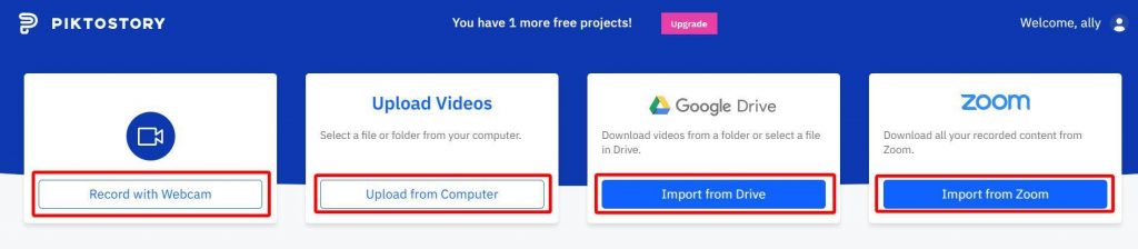 how to import the raw footage from your device, Google Drive, or a Zoom meeting in Piktostory