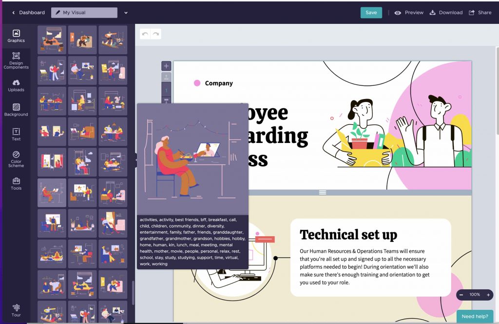 screenshot of Piktochart editor with new illustrations