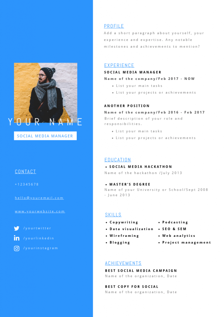 customizable one-page resume template for social media specialists