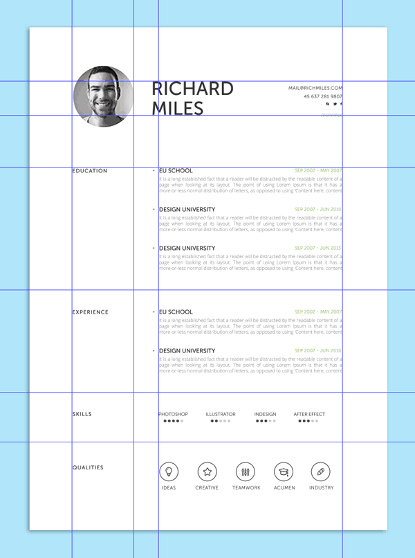 example of a resume organized with a grid structure
