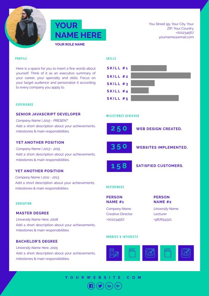 one-page infographic resume template in blue and green