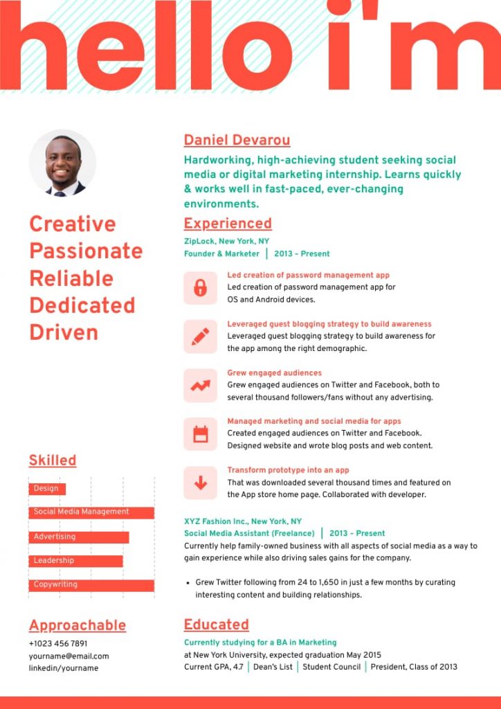 one-page infographic resume template in white and orange