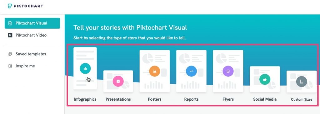 screenshot of how to select a visual content format the Piktochart dashboard