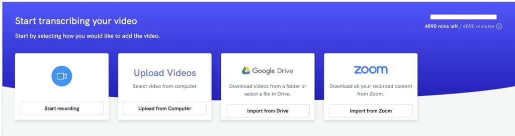 Piktochart dashboard to convert video to text in different file formats, zoom video, google docs, facebook video, and instagram story video files can be used