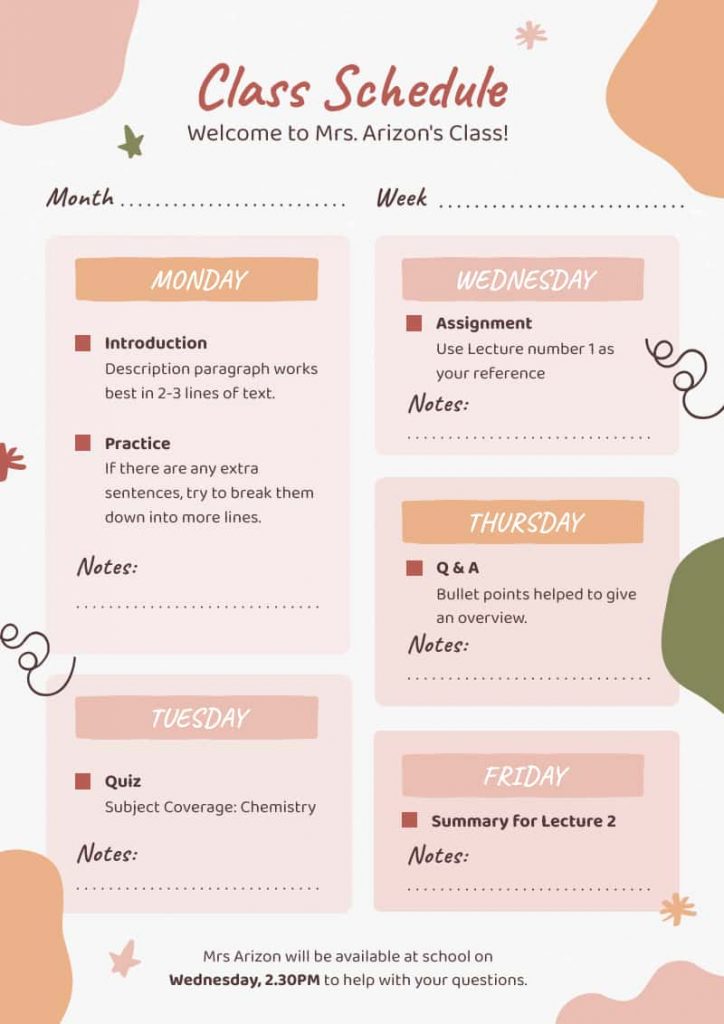 Class schedule template