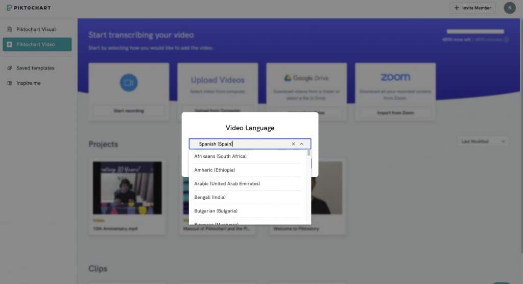 captura de tela de como selecionar um idioma para seu vídeo transcrito no Piktochart