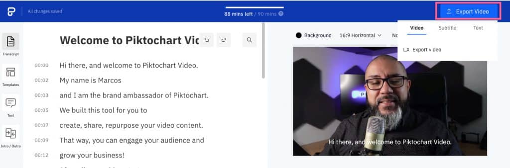 screenshot of how to export video as a whole video in Piktochart Video