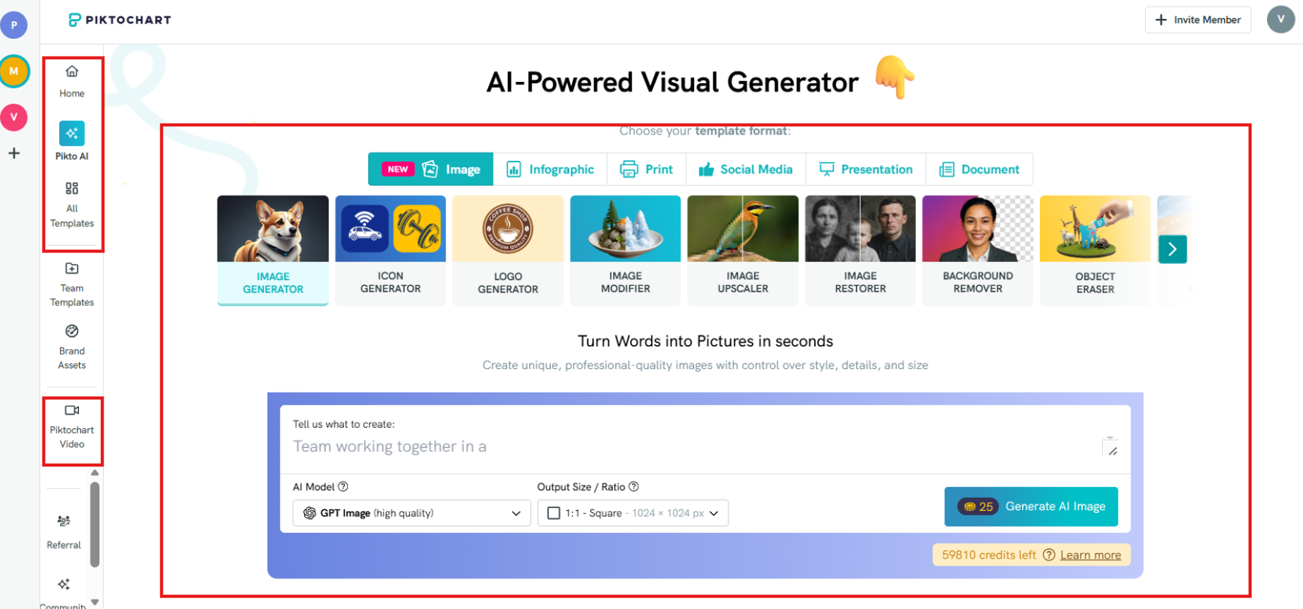 pikto ai workspace screenshot with highlights on where visuals and video generators are for an article on how to get started with piktochart for students