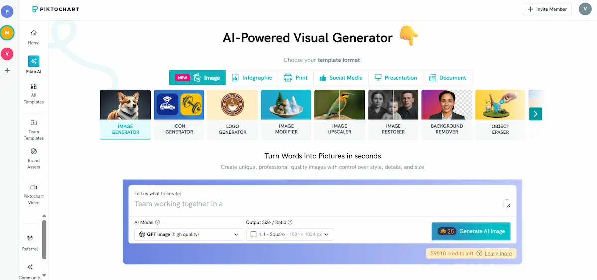 pikto ai workspace screenshot for an article on how to get started with piktochart for students