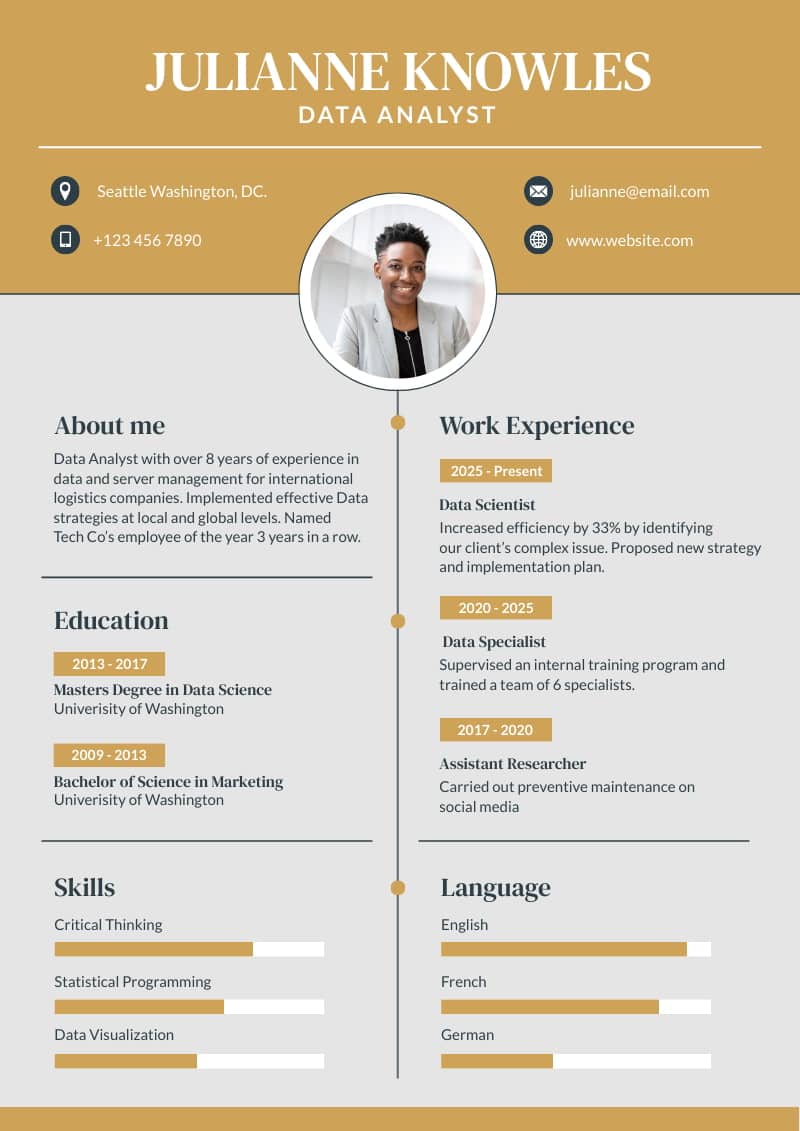 downloadable data analyst resume template by Piktochart, ATS-friendly