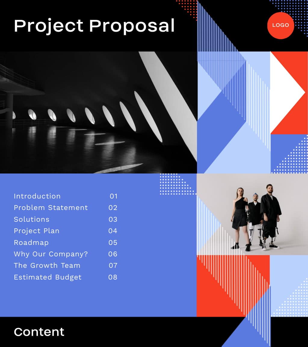 preview of project proposal presentation template with geometric patterns