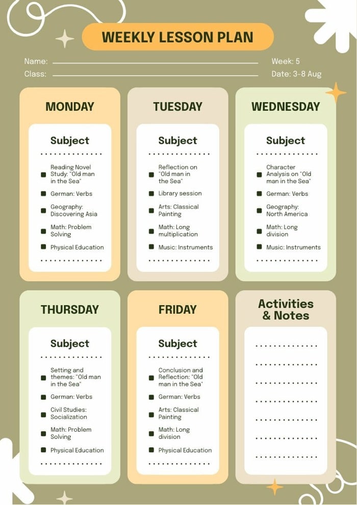 creative weekly lesson plan template