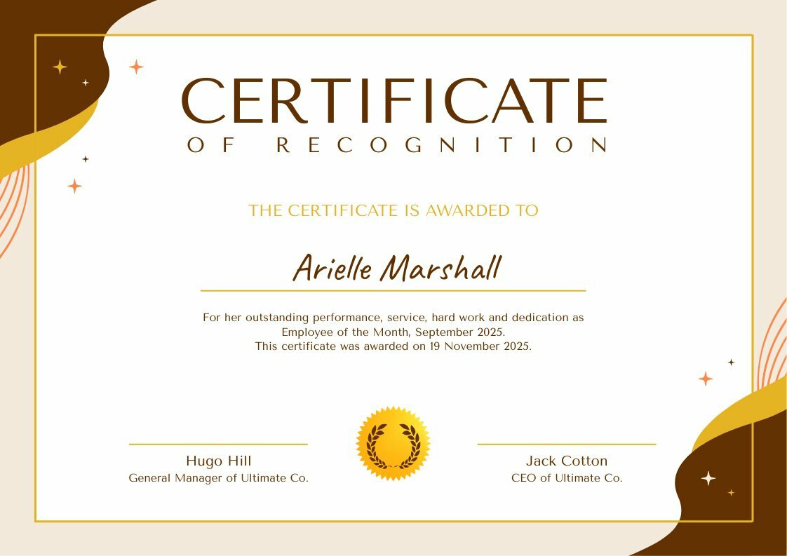 Employee Of The Month Certificate Sample