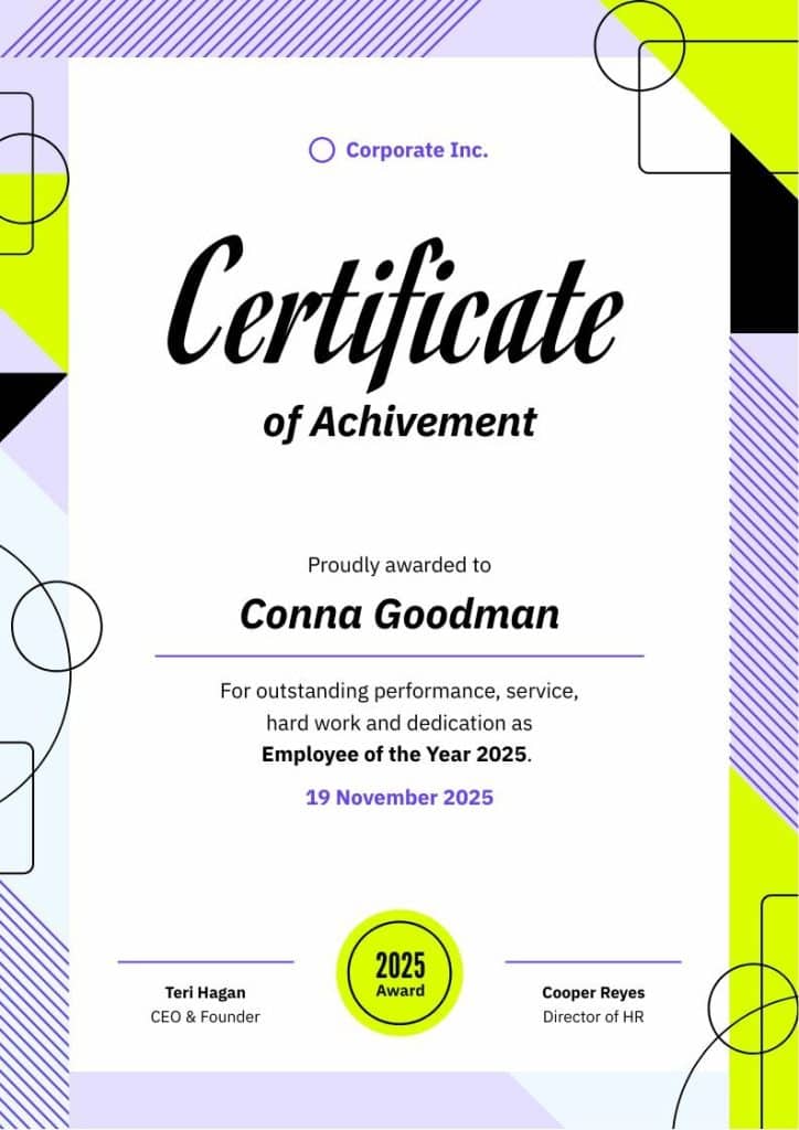 certificate of achievement template, certificate template with organic shapes graphic design trend in Piktochart