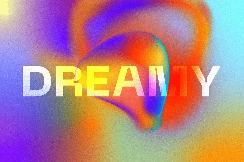 Dreamy teks dengan latar belakang gradien desain grafis holografik dan warna-warna cerah untuk mengikuti tren desain grafis 2023