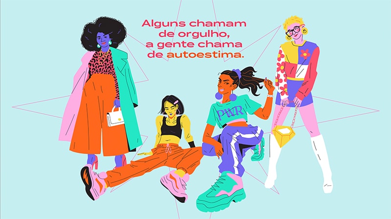 vier Illustrationen von Frauen verschiedener Rassen mit fetten Umrissen, wie sie für die Grafikdesign Trends 2023 erwartet werden
