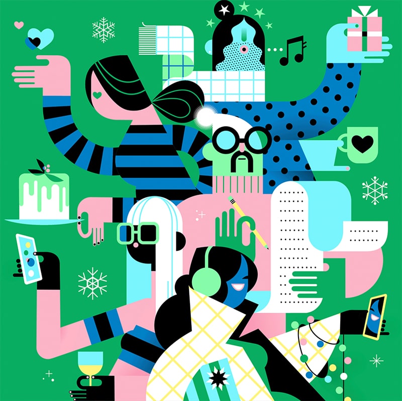 illustrations of diverse characters and geometric shapes expected in 2023 graphic design trends