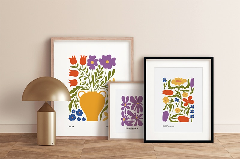 posters of botanical illustration on frames expected in 2023 graphic design trends, used for interior design or in a digital space