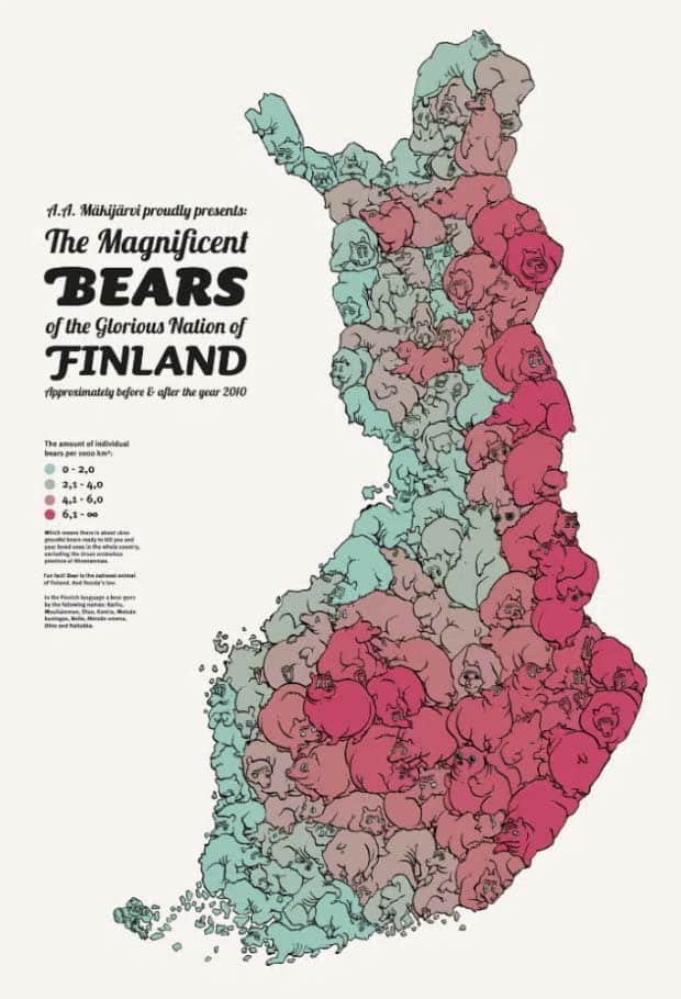 Creative infographic to showcase data on which part of Finland has the most bears, informative examples_