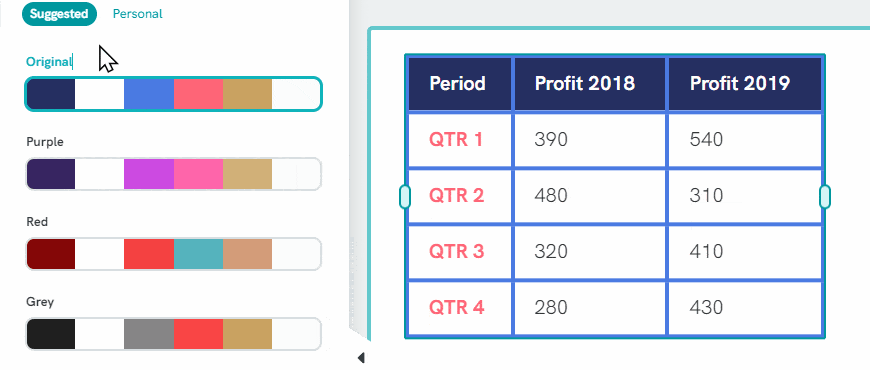 panel in piktochart where users can change color scheme for their table