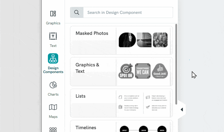 search bar to allow users browse and search design components in piktochart